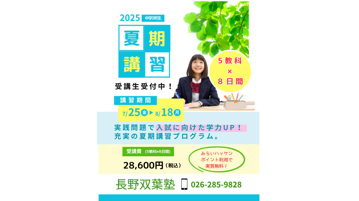 夏期講習　塾　青　黄色　赤　明るい　チラシ (Webサイト)